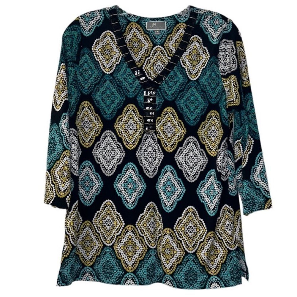 JM Collection petite‎ Med multicolor sequin trim blouse top